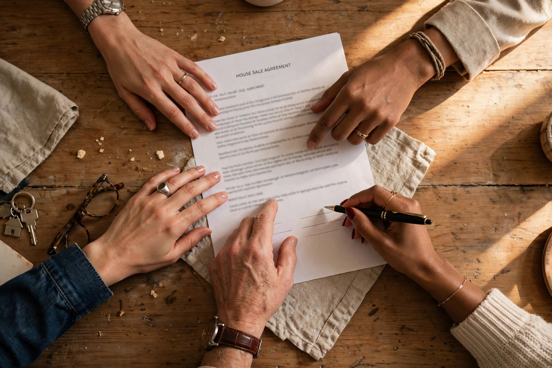 Home-sale documents and paperwork on a desk